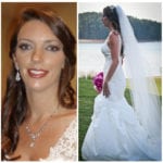 A side-by-side of a bride's portrait and full wedding dress by a lake.