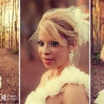 A bride posing outdoors with a birdcage veil and feather accessory.