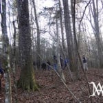 People walking through a leaf-covered forest in winter.