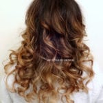 Back view of long, curly ombre hair with dark roots and lighter ends.