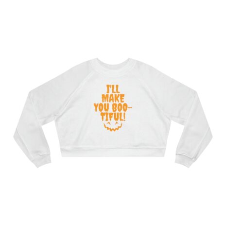 White cropped sweatshirt with orange text design.