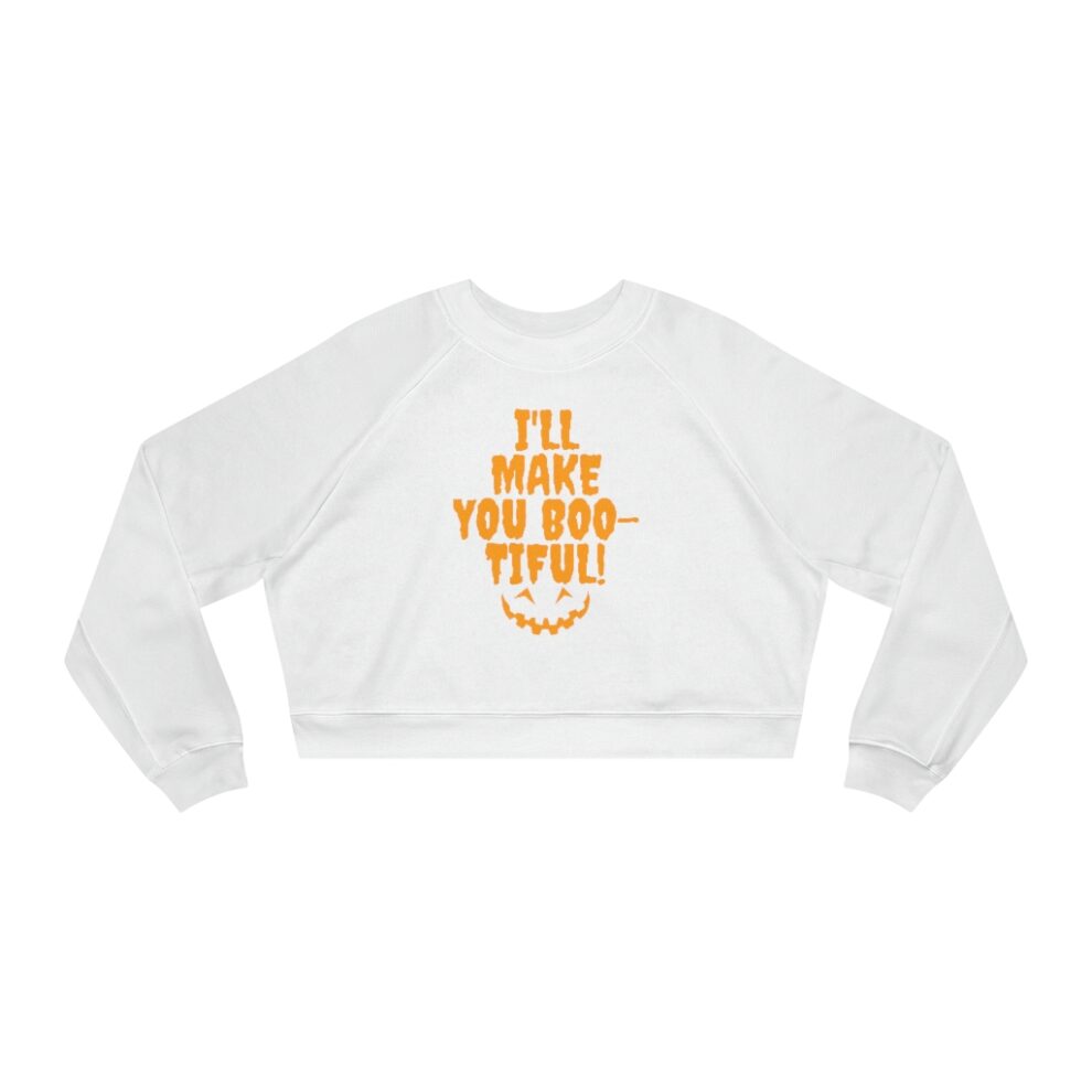 White cropped sweatshirt with orange text design.