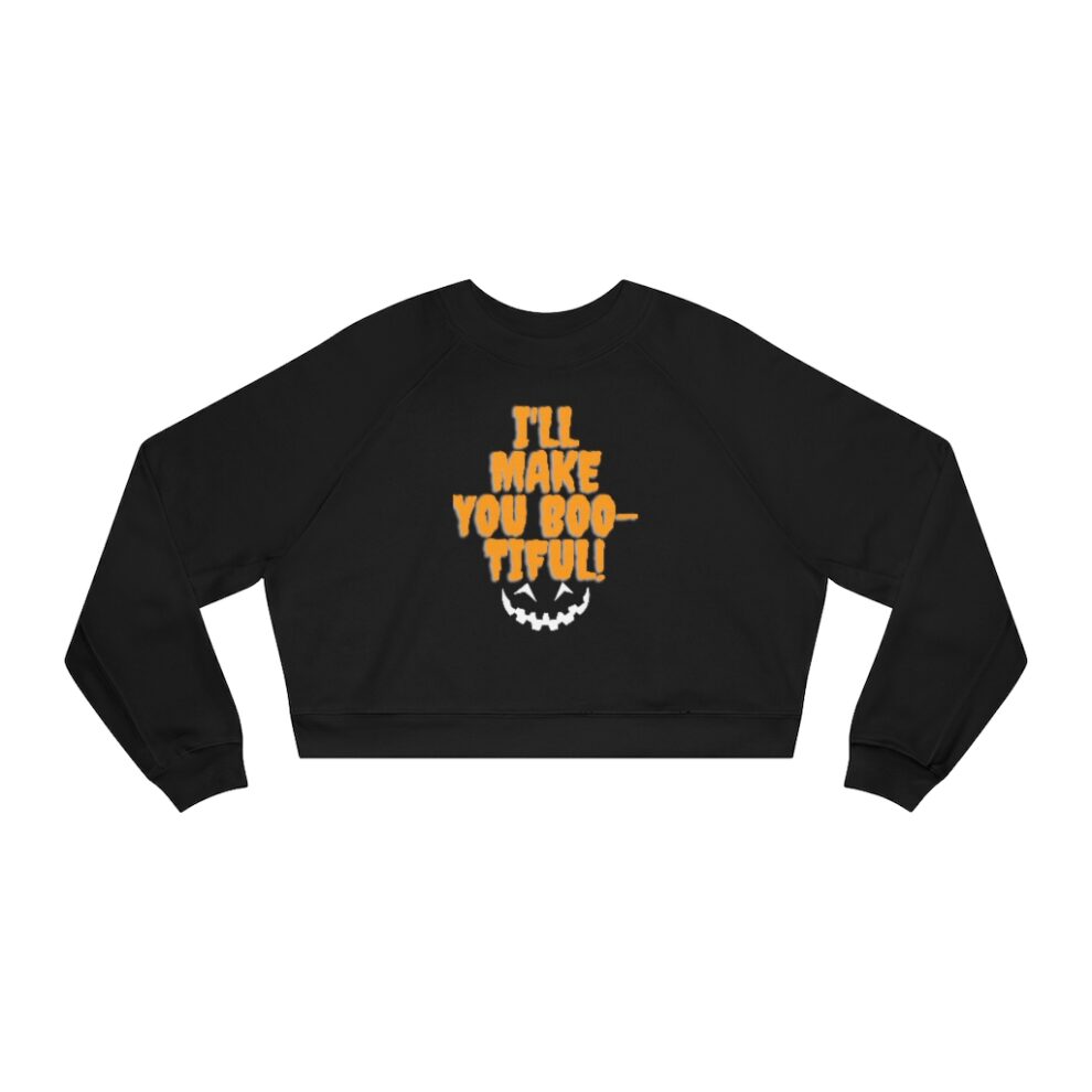 Black cropped sweatshirt with orange text and a white crescent moon graphic on the back.