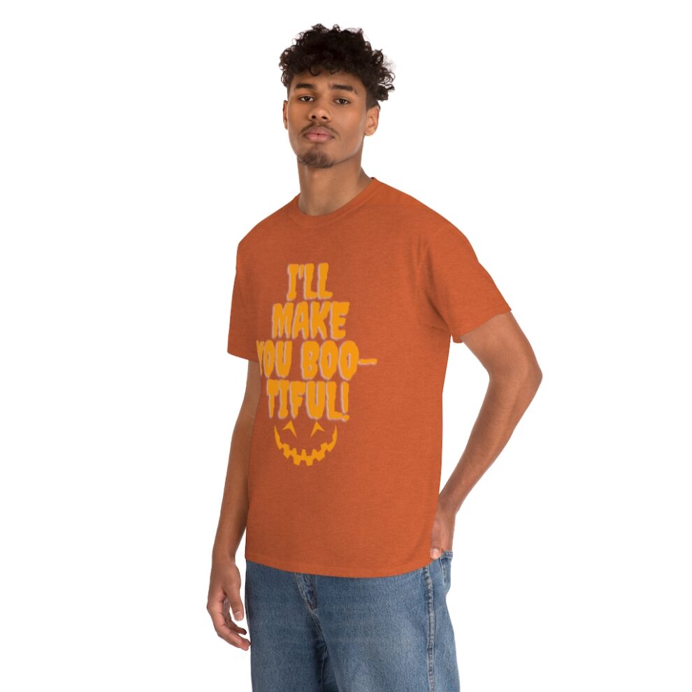 A man wearing an orange t-shirt with the words " i 'll make you feel good ".