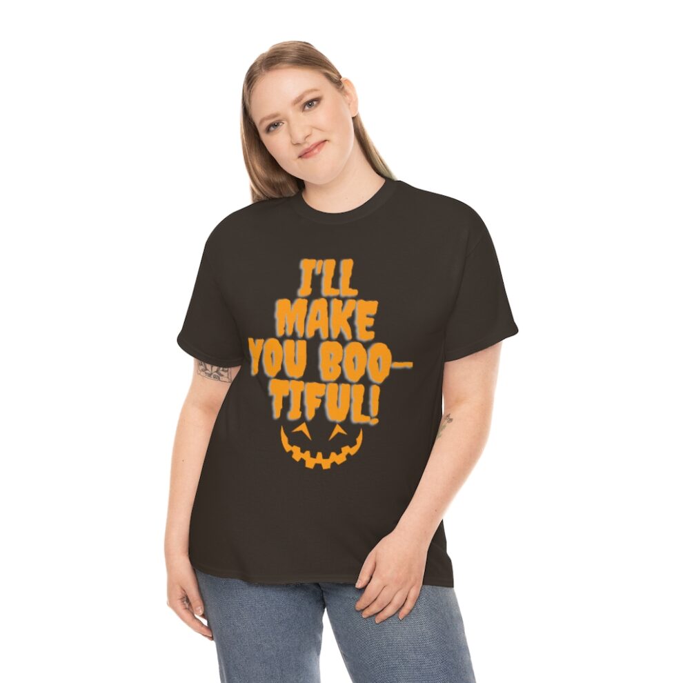 A woman wearing a black t-shirt with the words " i 'll make you boo tiful ".