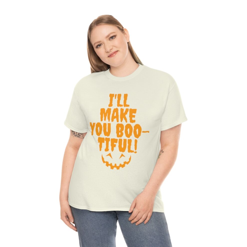 A woman wearing an orange and white t-shirt.