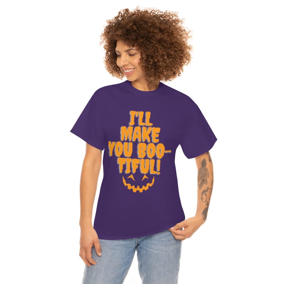 A woman wearing an orange and purple t-shirt.