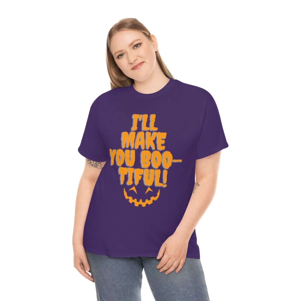 A woman wearing purple shirt with text on it.