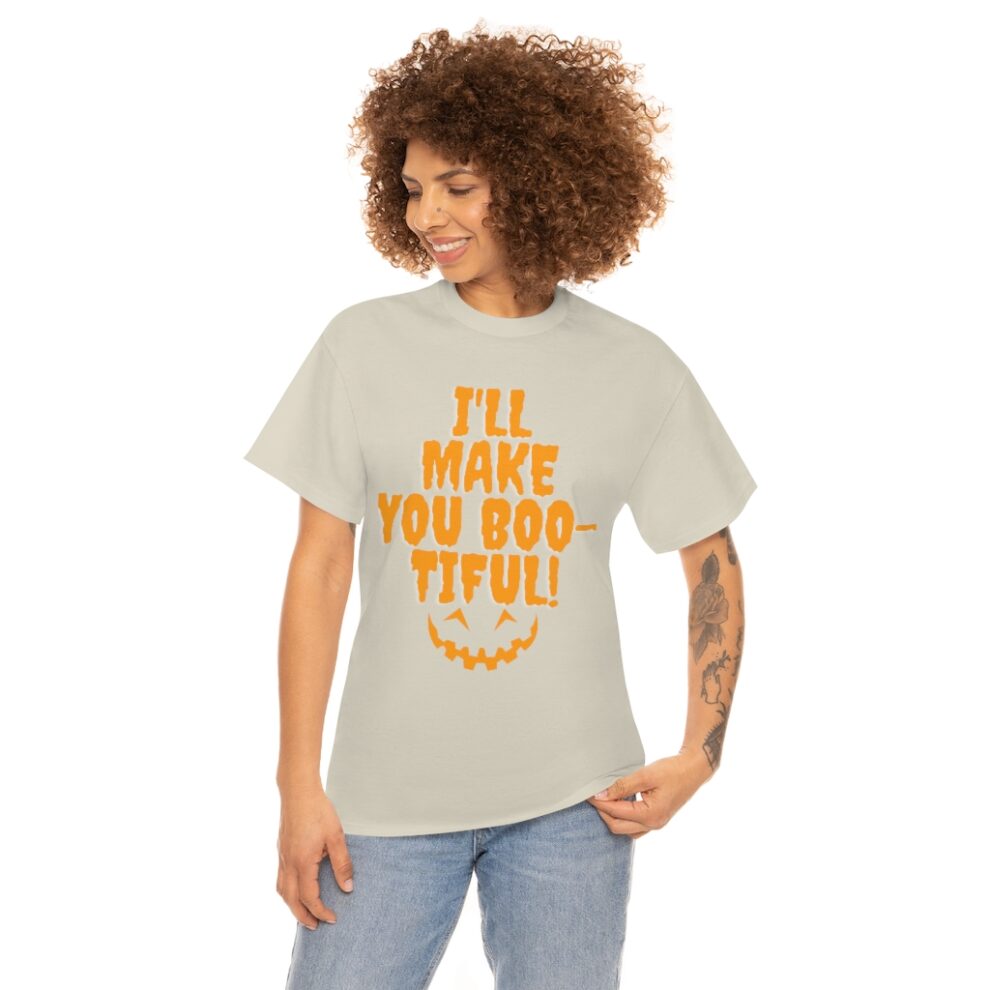 A woman wearing an orange and white t-shirt.