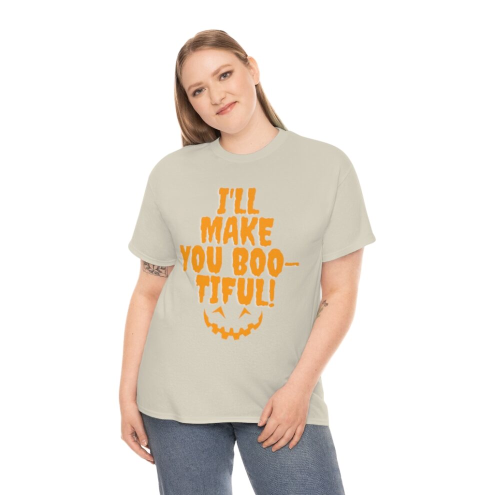 A woman wearing an orange and white t-shirt.