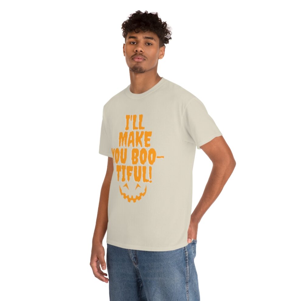 A man wearing a t-shirt with the words " i 'll make you boo tiful ".