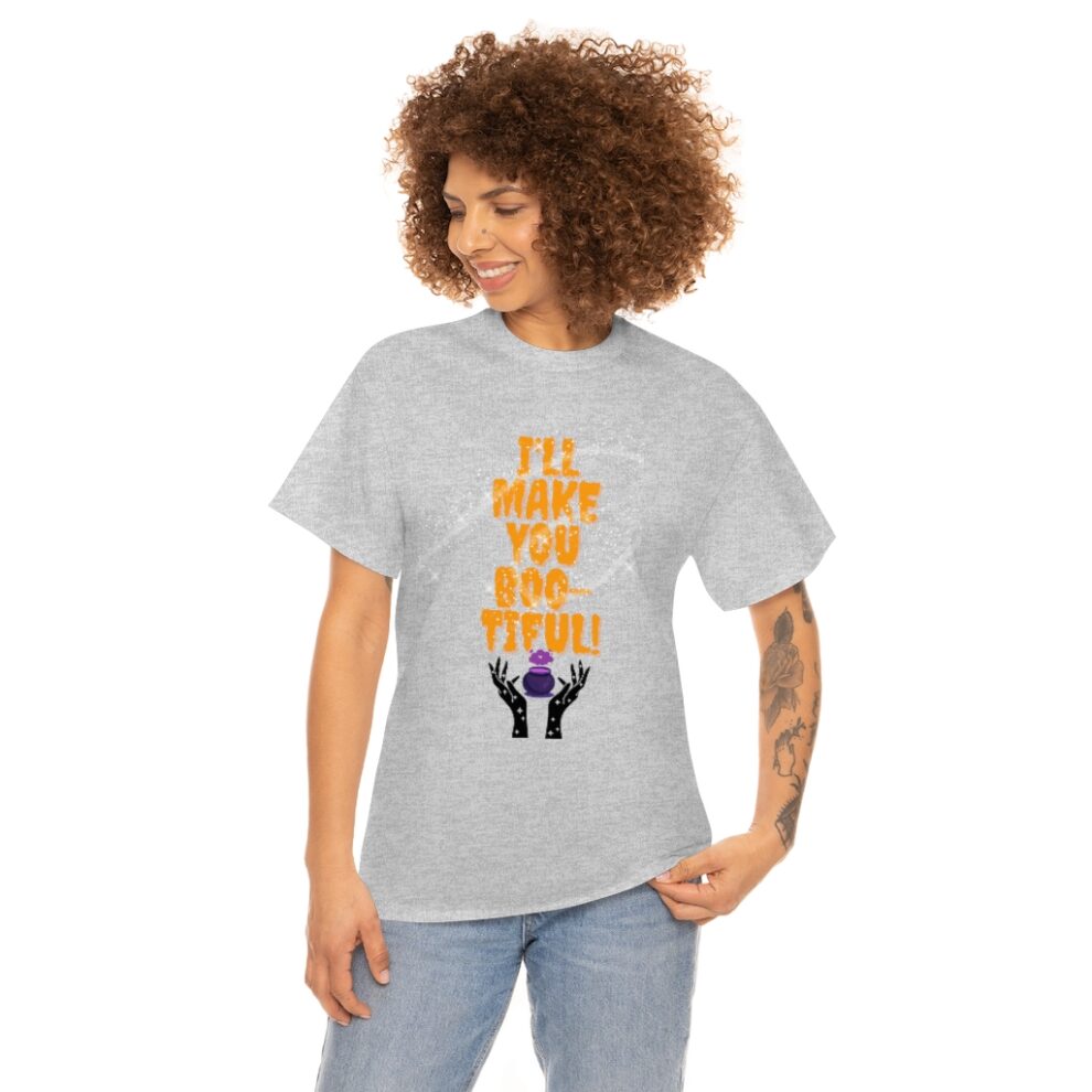 A woman wearing a t-shirt with the words " i 'll marry you for halloween ".