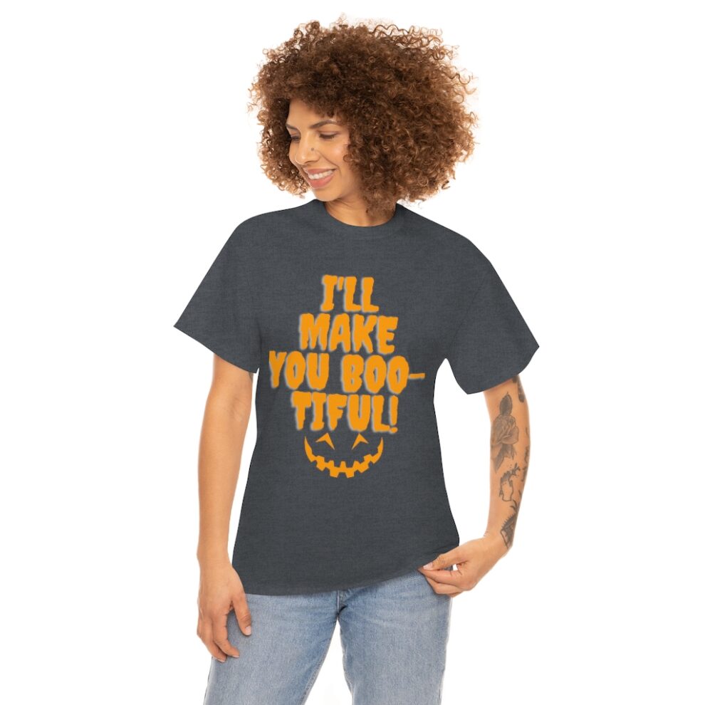 A woman wearing an orange and black t-shirt.
