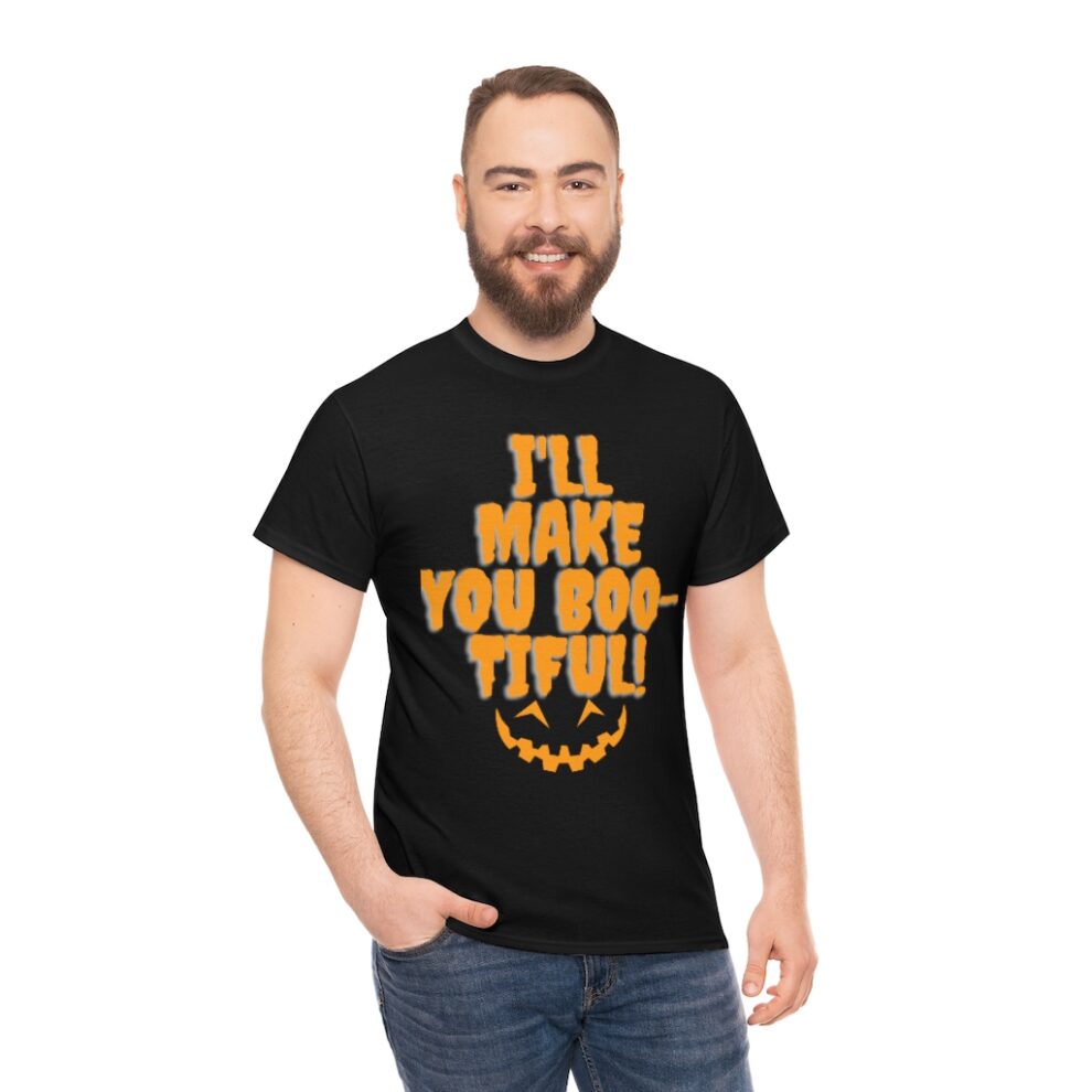 A man wearing a black t-shirt with the words " i 'll make you boo tiful ".