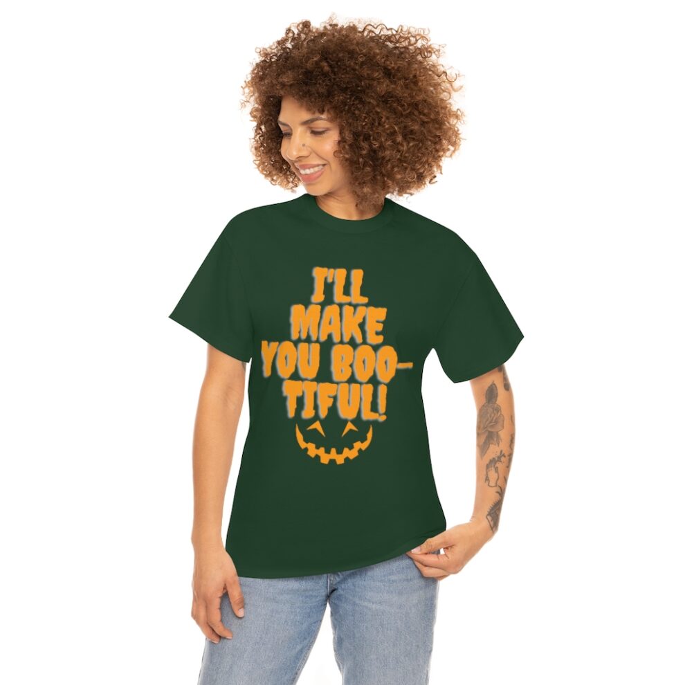 A woman wearing an i 'll make you boo-tiful t shirt.