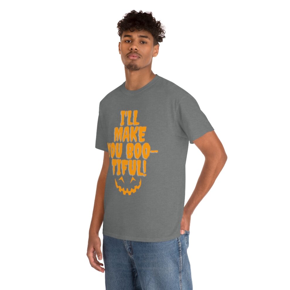 A man wearing a t-shirt with the words " i 'll make you feel good ".