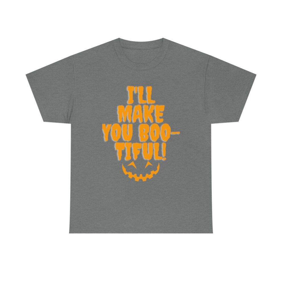 A gray t-shirt with an orange and yellow lettering.