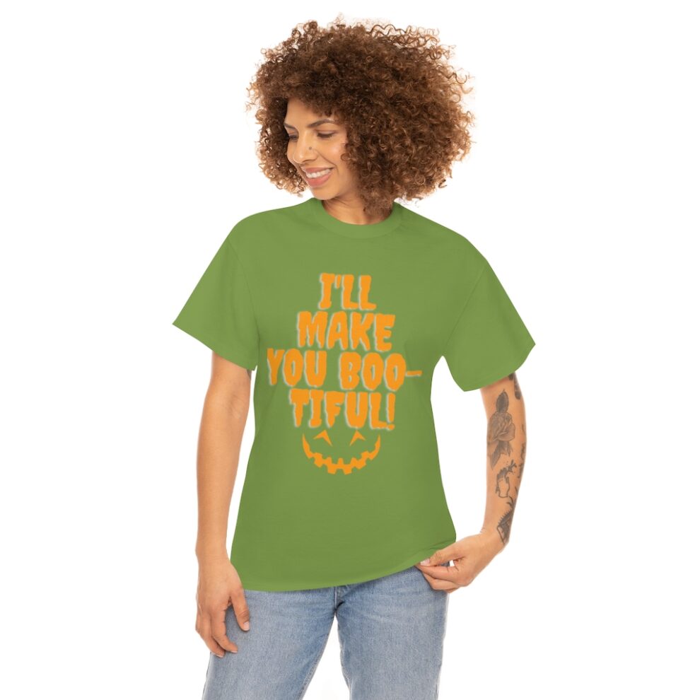 A woman wearing an olive green t-shirt with the words " i 'll marry you bro " on it.
