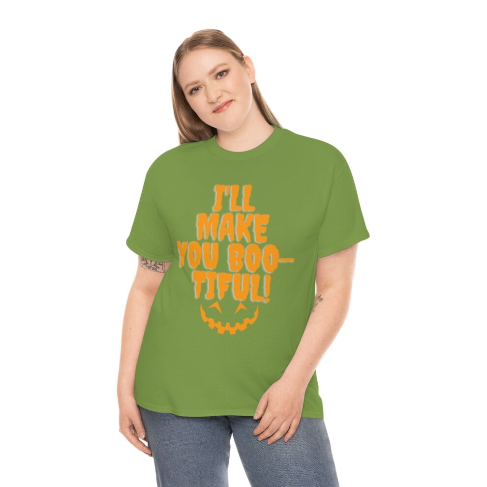 A woman wearing jeans and green shirt with text