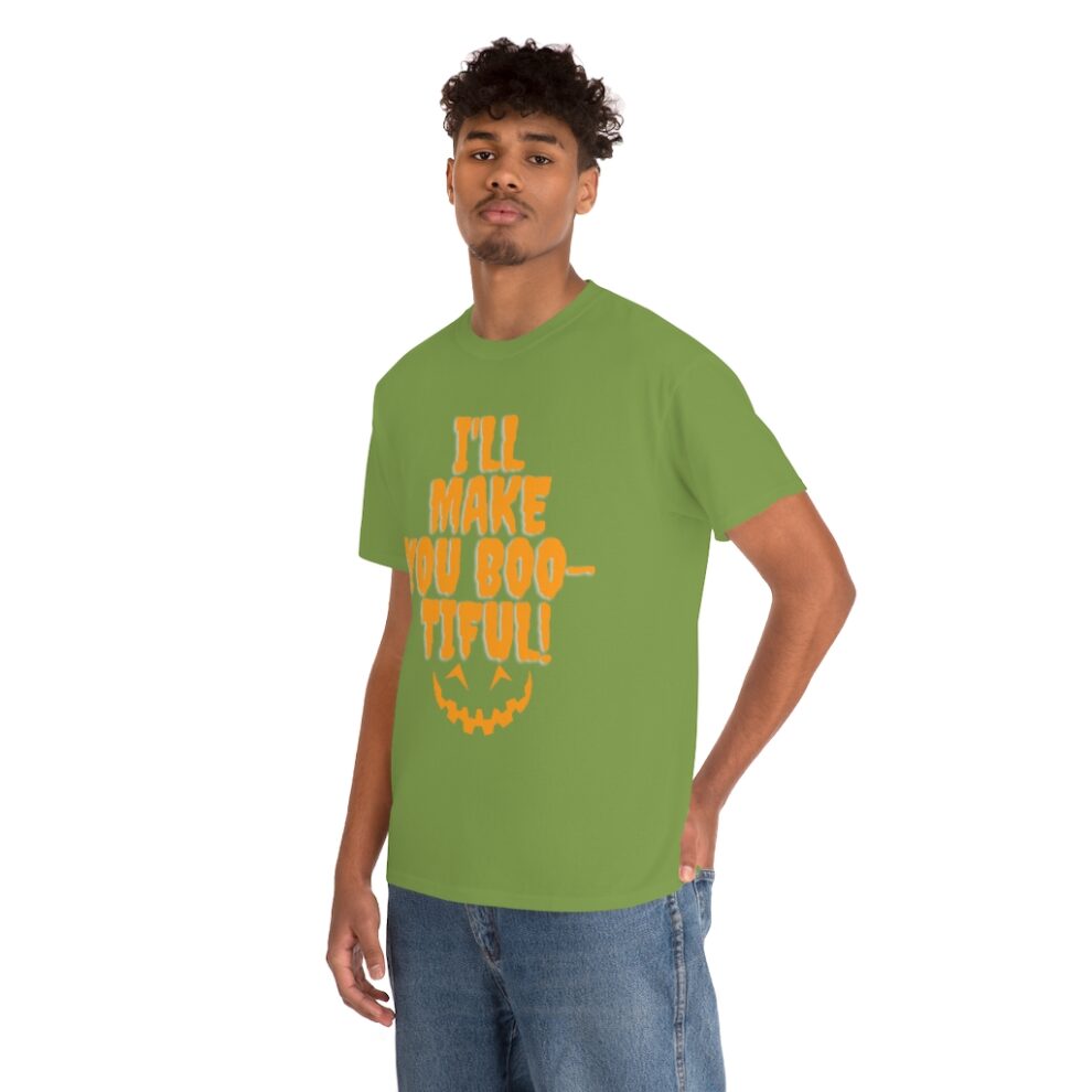 A man wearing a green t-shirt with the words " i 'll have to run for it ".