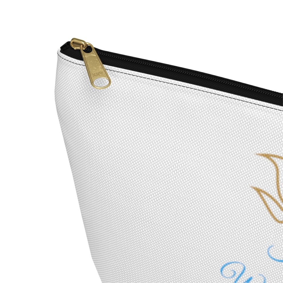 A close up of the side of a white pouch