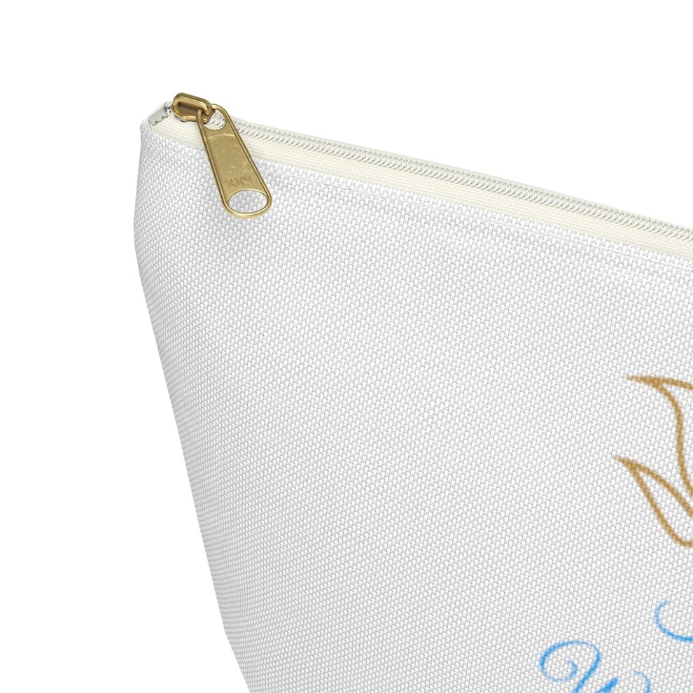 A close up of the side of a white pouch