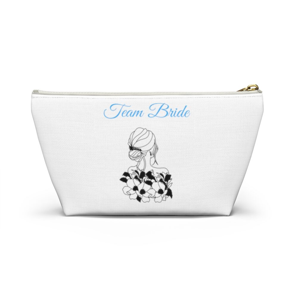 A white bag with a drawing of a woman holding flowers.