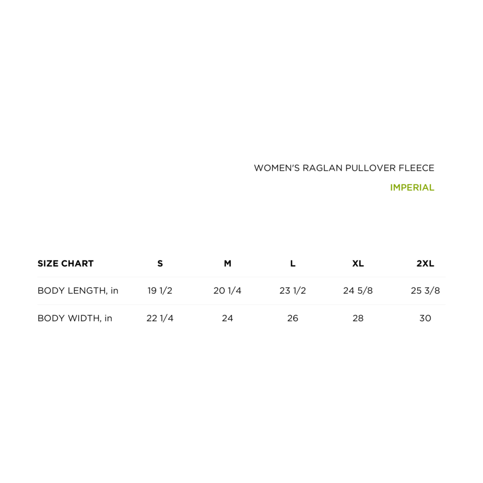 A table with measurements for the size of each item.