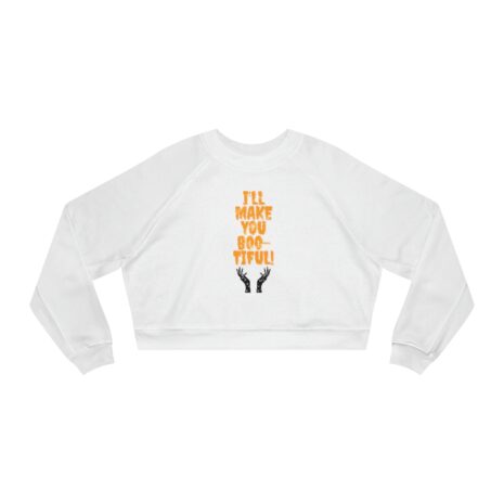 White cropped sweatshirt featuring an orange stacked text design with a black graphic element below it on the back.