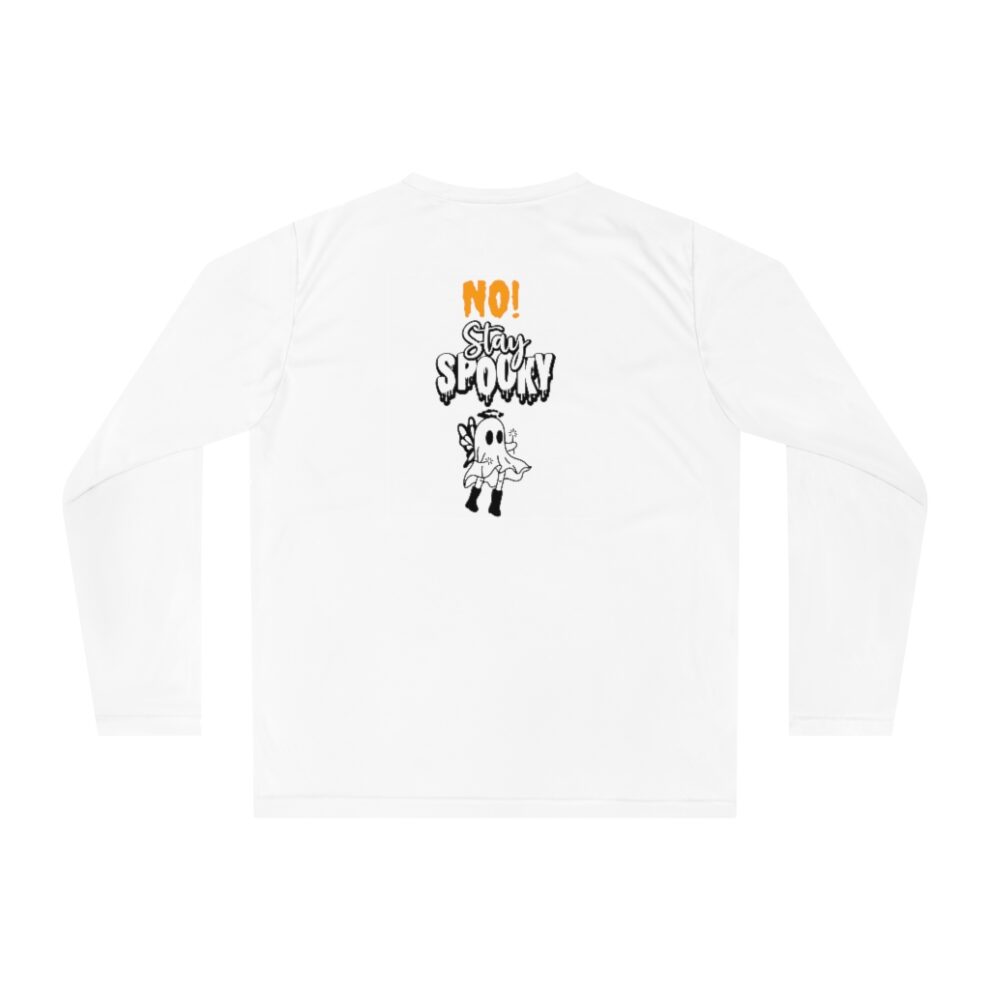 A white long sleeve shirt with an image of a person holding something.