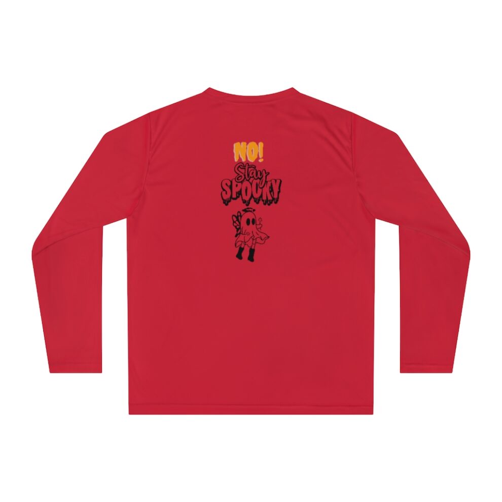 A red long sleeve shirt with an image of a person holding something.