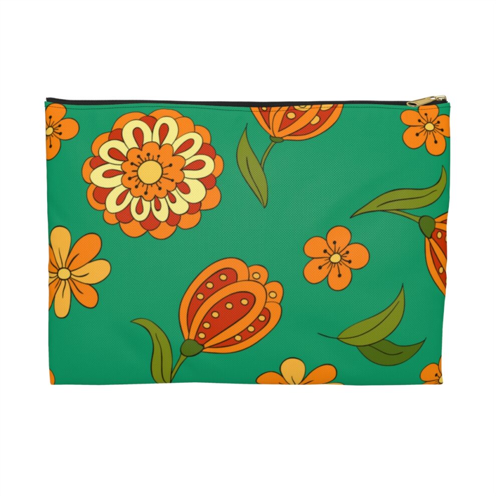 Orange Floral Green Boho Accessory Pouch