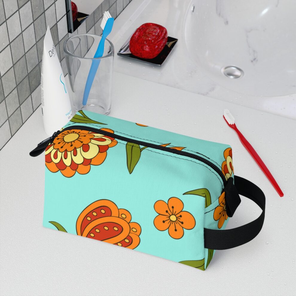 Orange Floral Teal Toiletry Travel Bag