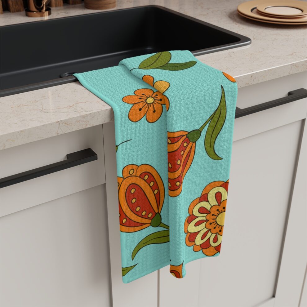 Orange Floral Teal Kitchen Towel