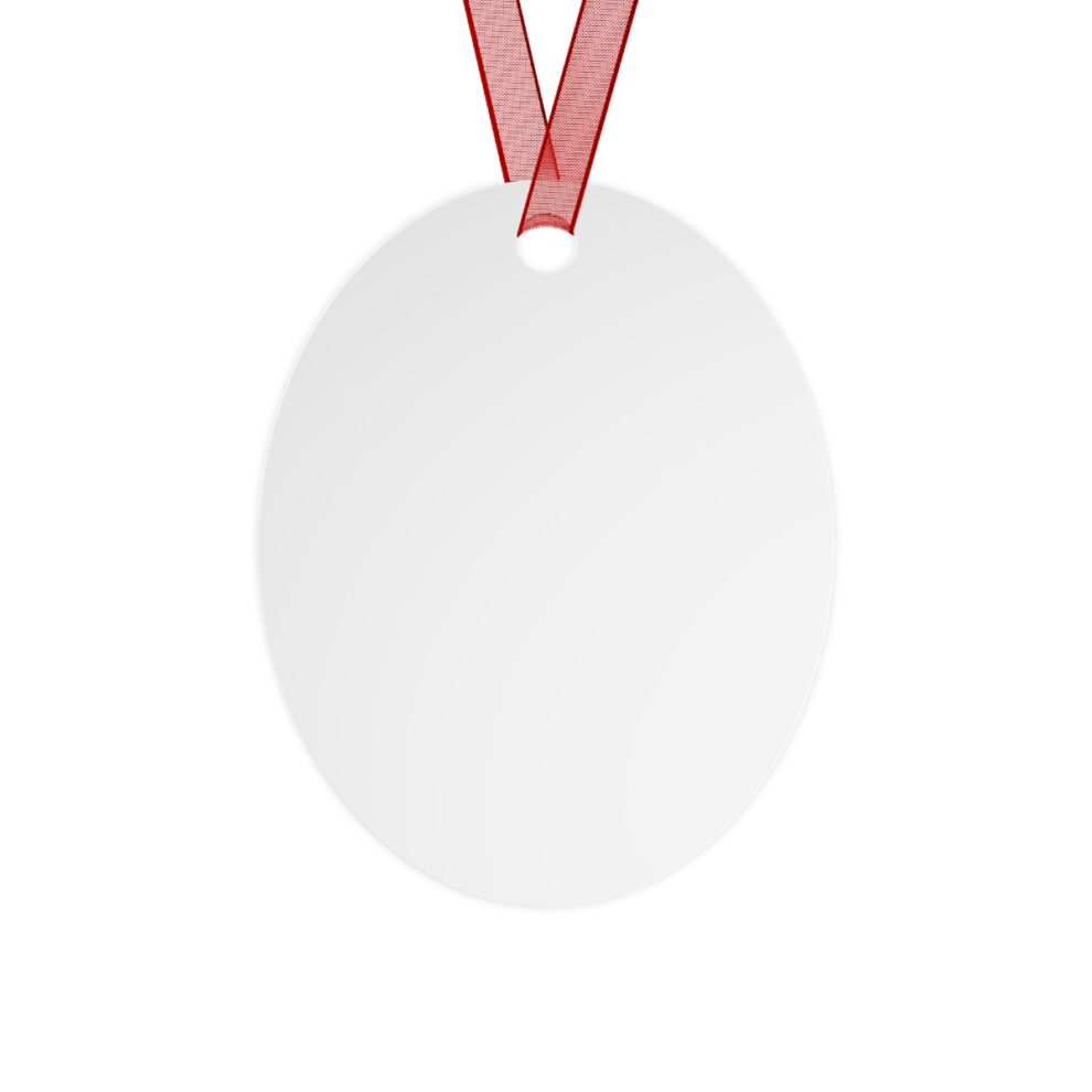 A white oval shaped ornament with a pink ribbon.