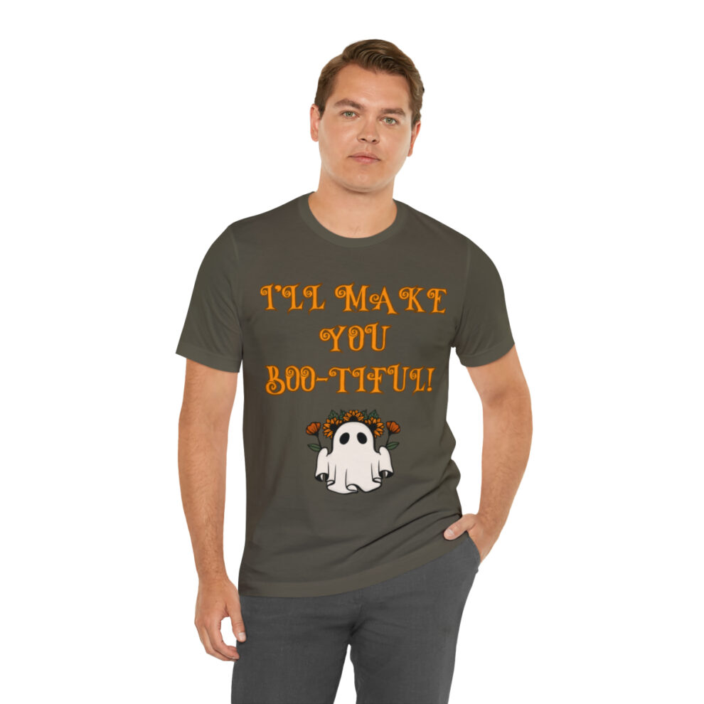 A man wearing an orange and white ghost shirt.