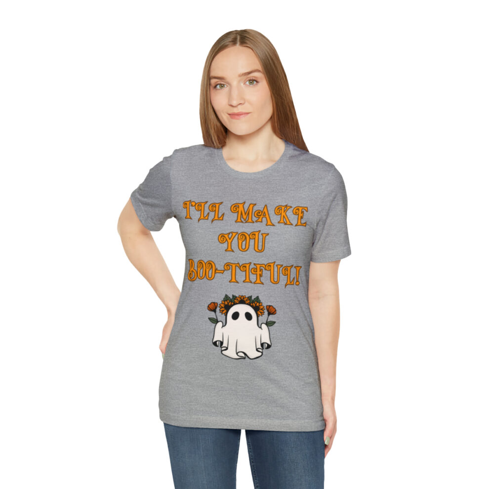 A woman wearing a t-shirt with an image of a ghost.