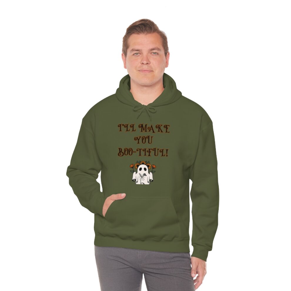 A man wearing a green hoodie with the words " til death do us part ".