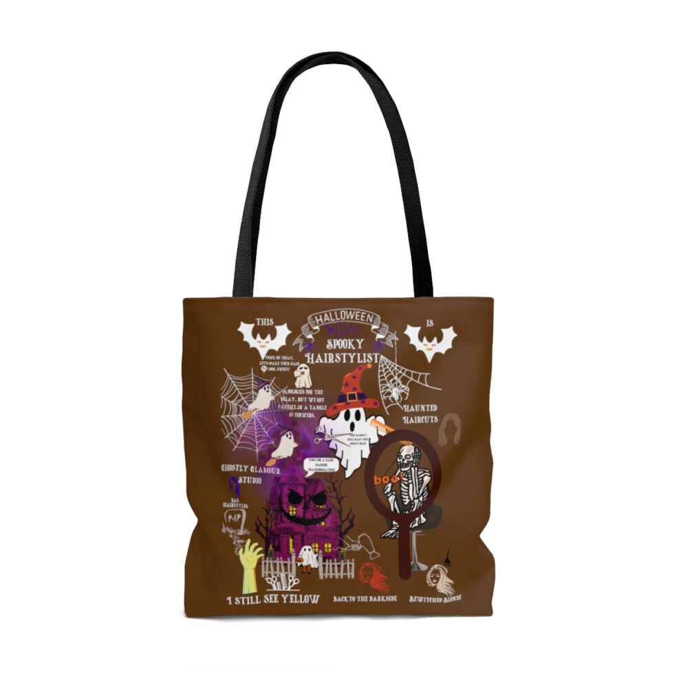 A brown tote bag with various halloween decorations.