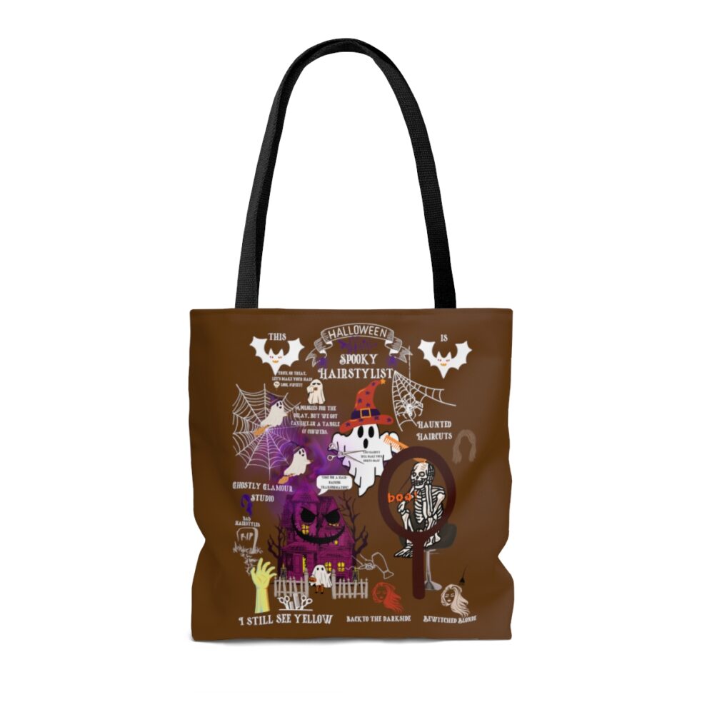 A brown tote bag with various halloween designs.
