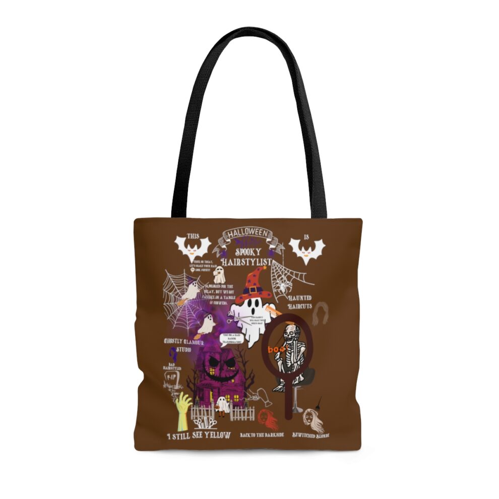 A brown tote bag with an image of a person and words.