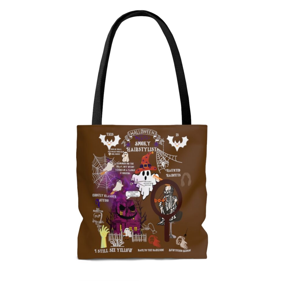 A brown tote bag with a picture of a purple monster.