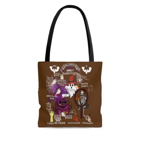 A brown tote bag with various designs of animals.