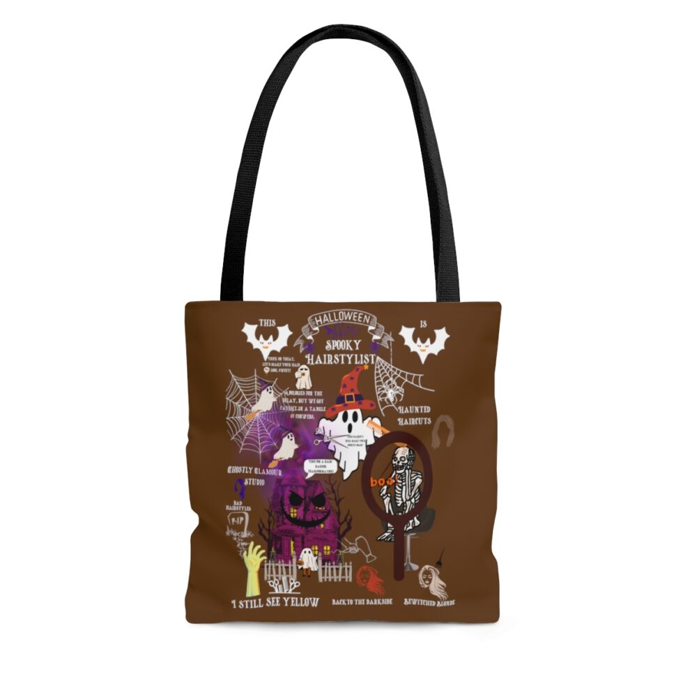 A brown tote bag with various designs of animals.