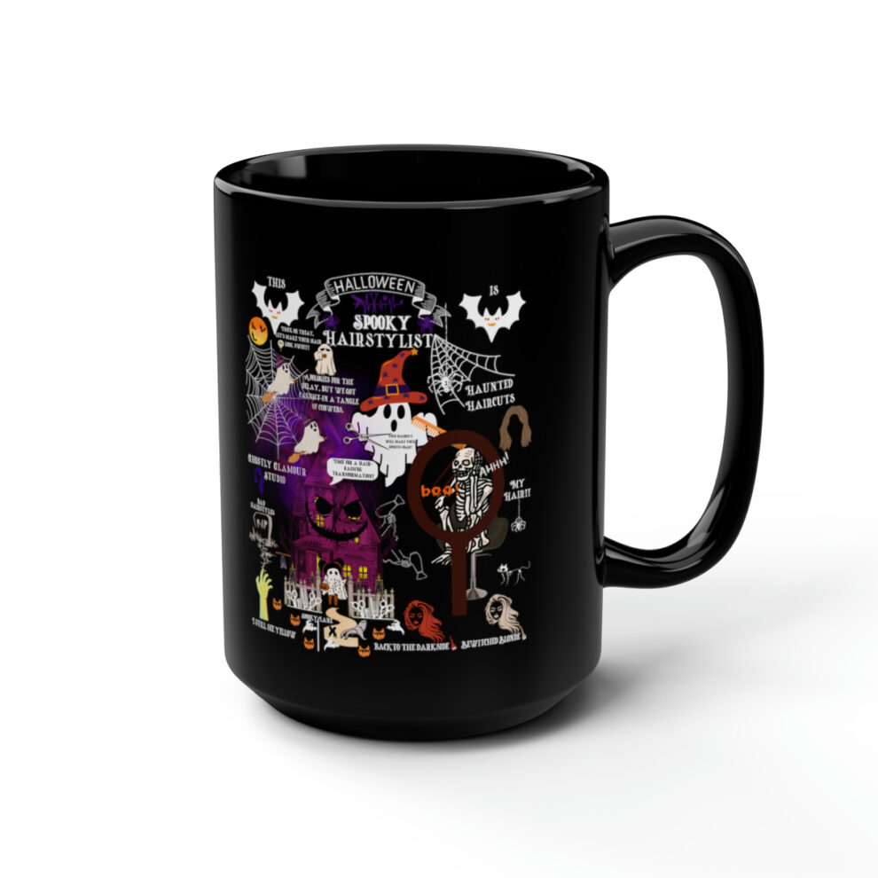 A black mug with an image of a witch and her cat.