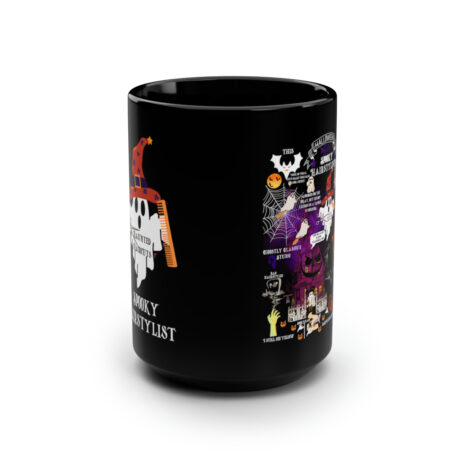 A black coffee mug with the disney villains on it.