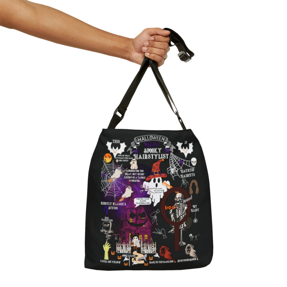 A hand holding a bag with various pictures on it.