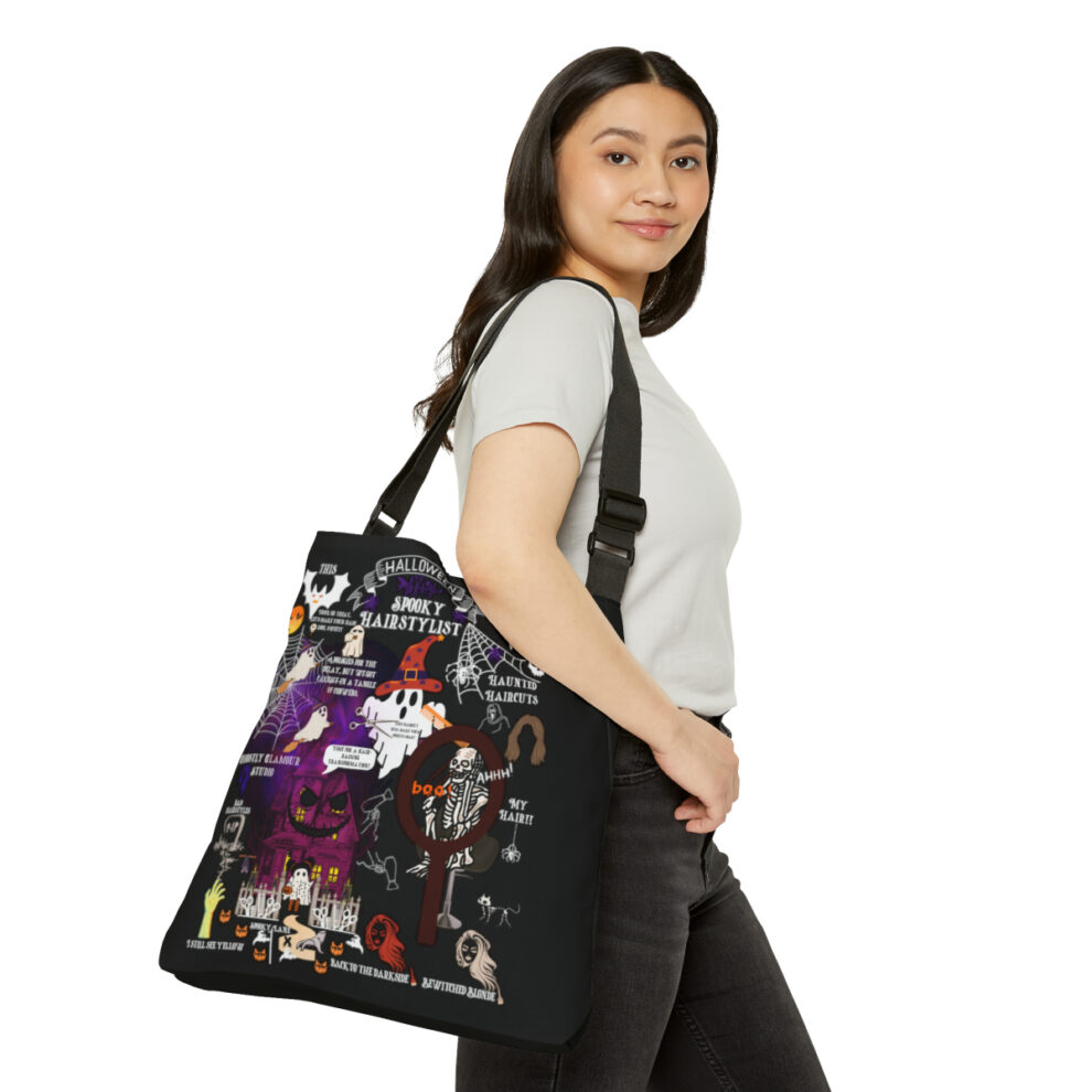 A woman is holding onto a bag with pictures on it