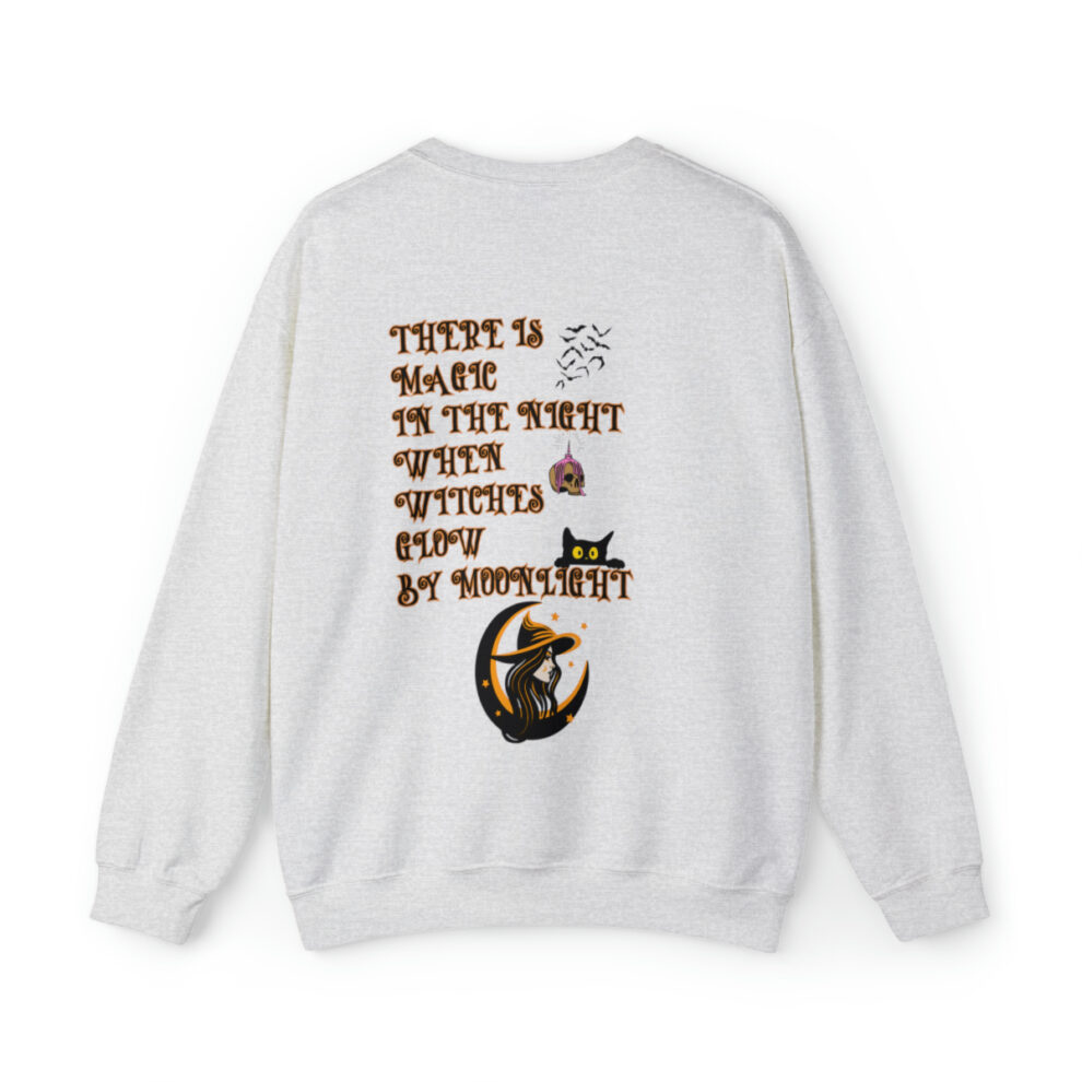 A white sweatshirt with an image of a cat and words.