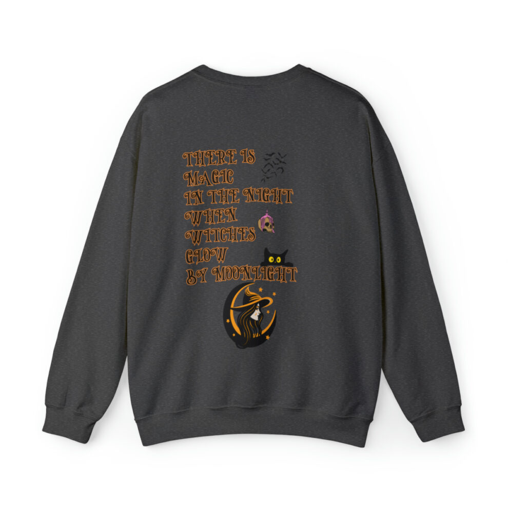 A black sweatshirt with an orange and white design.